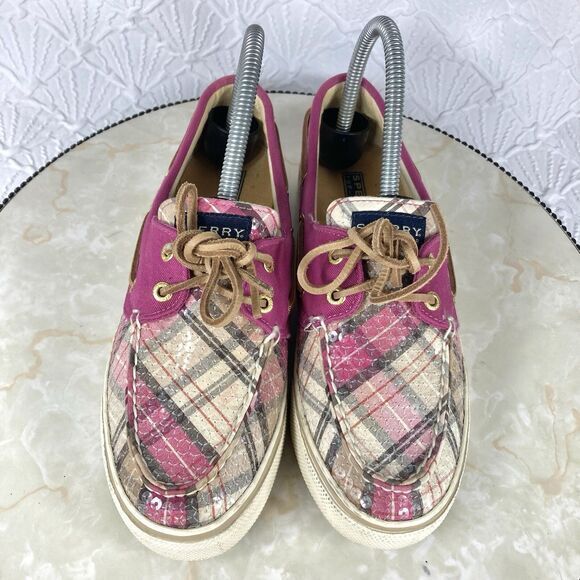 Sperry Shoes Women 6.5 Pink Gray Plaid Sequin Classic Casual Slip on Boat Loafer - Picture 4 of 12